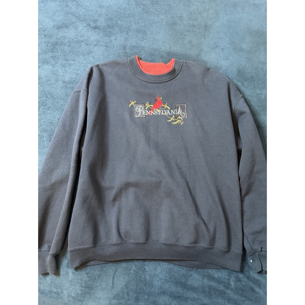 Vtg Jerzees Super Sweats Cardinal Bird Pennsylvania Embroidered Sweater Blue XL